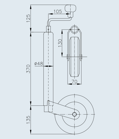 Koło podporowe PRUFTREX średnica rury: 48 x 2,5 mm, obciążenie 150 kg, wymiary koła 200x50 mm, pełna guma, felga plastikowa, KPPRUB004