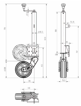 Koło podporowe automatyczne 60 mm, obciążenie 500 kg, wymiary koła 230x80 mm, pełna guma, Heavy Duty  11002699