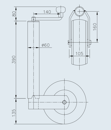 Koło podporowe PRUFTREX średnica rury 60x4 mm, obciążenie 400kg, wymiar koła 220x65 mm, KPPRUA002