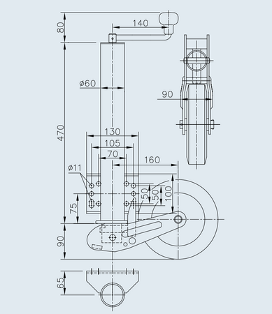 Koło podporowe PRUFTREX automatyczne, średnica rury 60 x 4 mm, obciążenie 250 kg, wymiary koła 200x60 mm, pełna guma, KPPRUA003